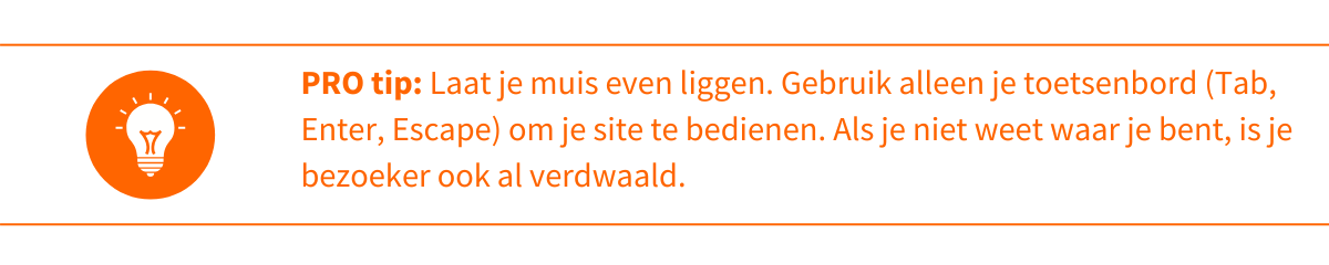 Laat je muis even liggen. Gebruik alleen je toetsenbord (Tab, Enter, Escape) om je site te bedienen. Als je niet weet waar je bent, is je bezoeker ook verdwaald.